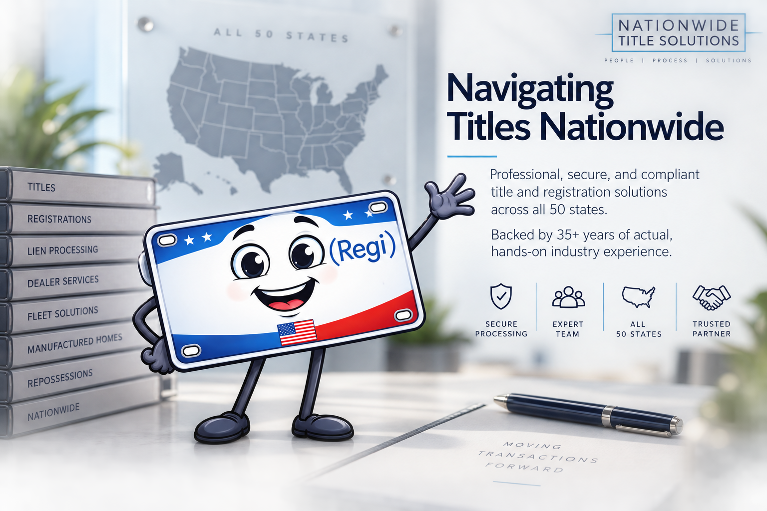 Regi navigating titles nationwide — branded scene with US map and title documents